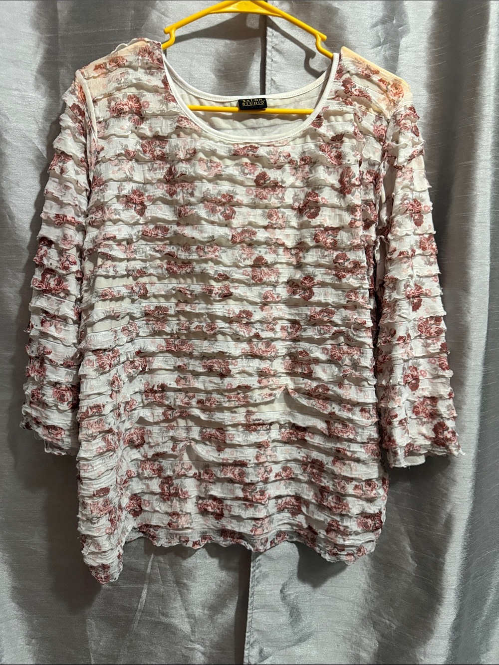 White Blouse with Dusty Rose Floral Ruffle Texture